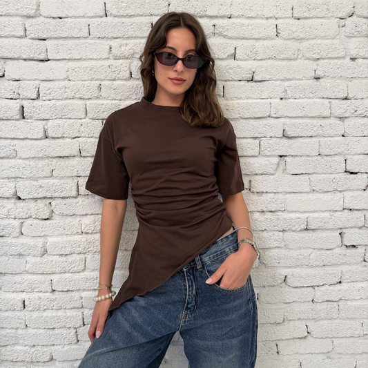 Brown Crew-Neck T-Shirt with Ruched Drawstring Sides