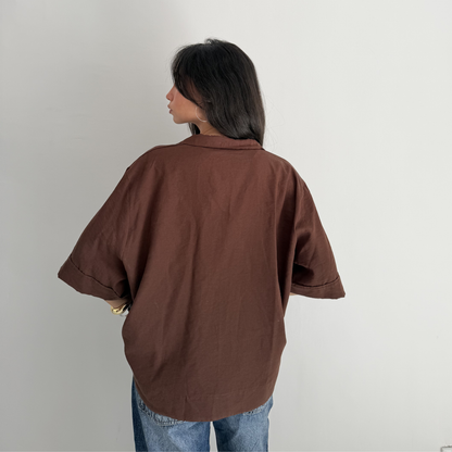 Brown Flip Collar Linen Shirt