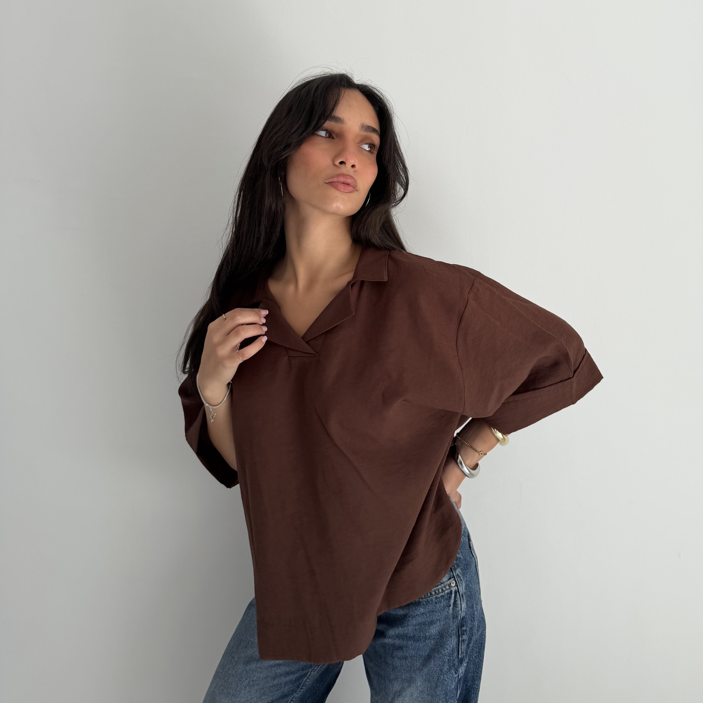 Brown Flip Collar Linen Shirt