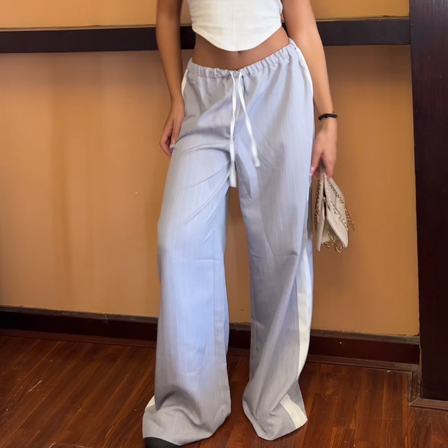 Grey Striped Wide-Leg Drawstring Pants