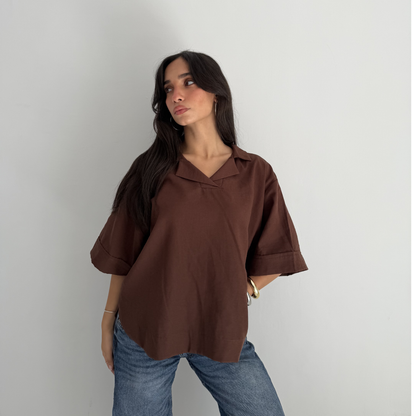 Brown Flip Collar Linen Shirt