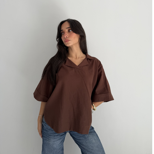 Brown Flip Collar Linen Shirt