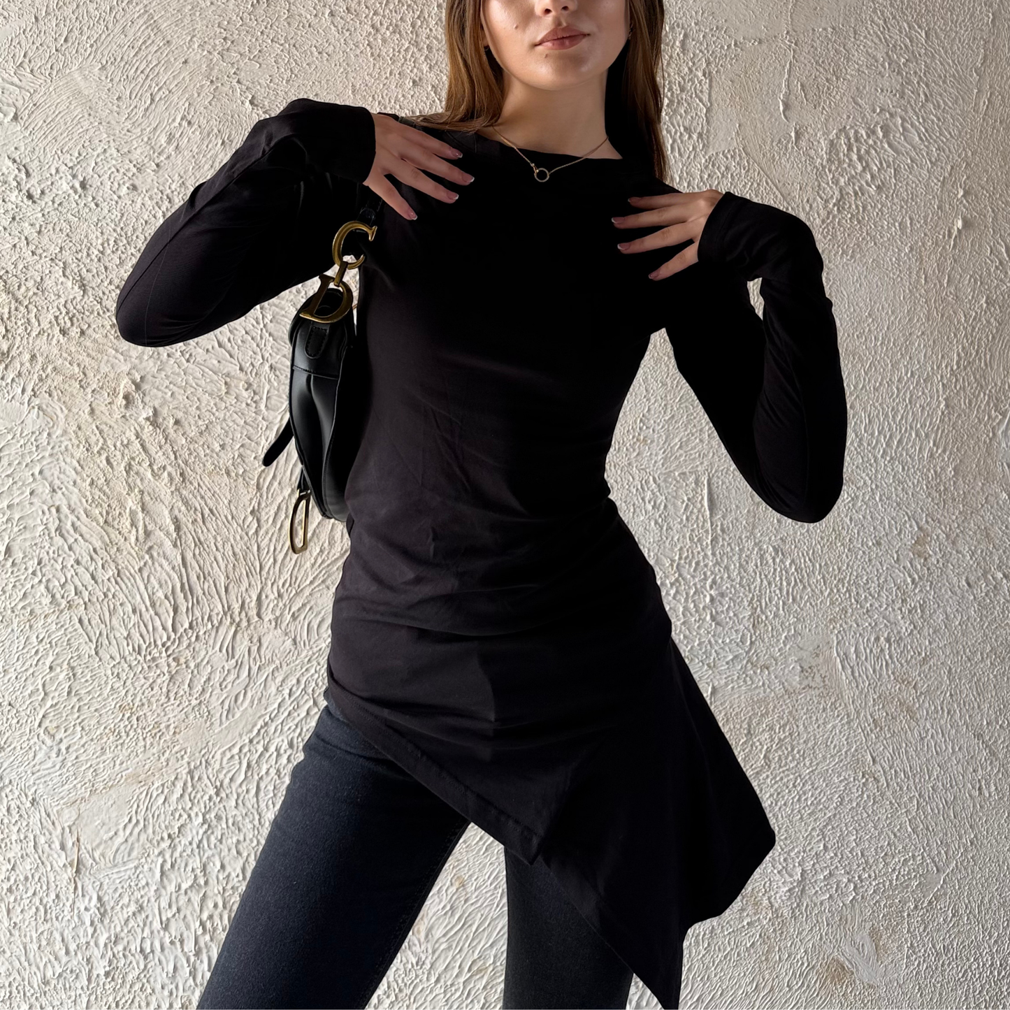 Black Long Sleeves Draped Top