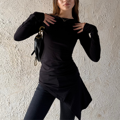 Black Long Sleeves Draped Top