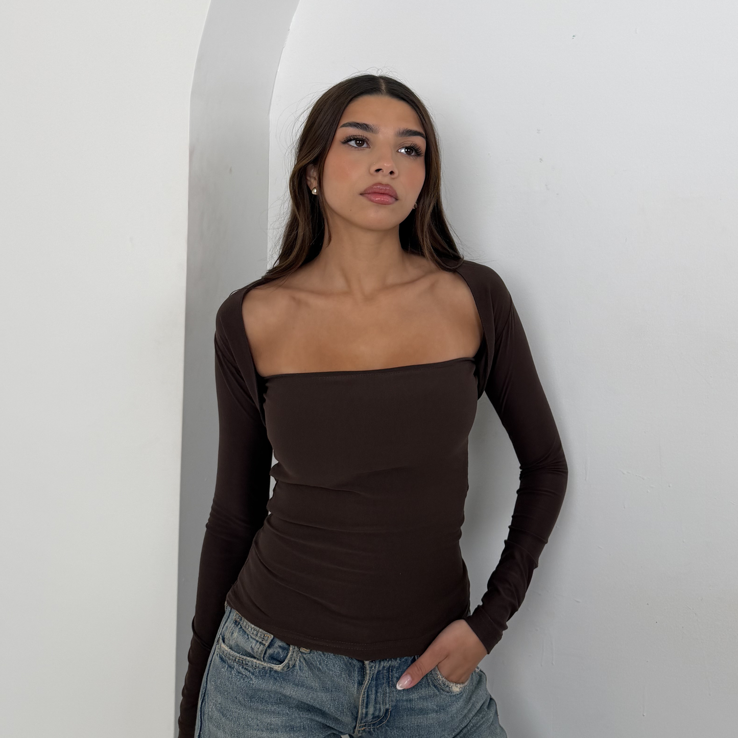 Brown Long Sleeve Bandeau Top