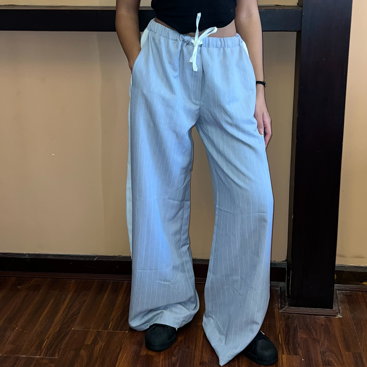 Grey Striped Wide-Leg Drawstring Pants