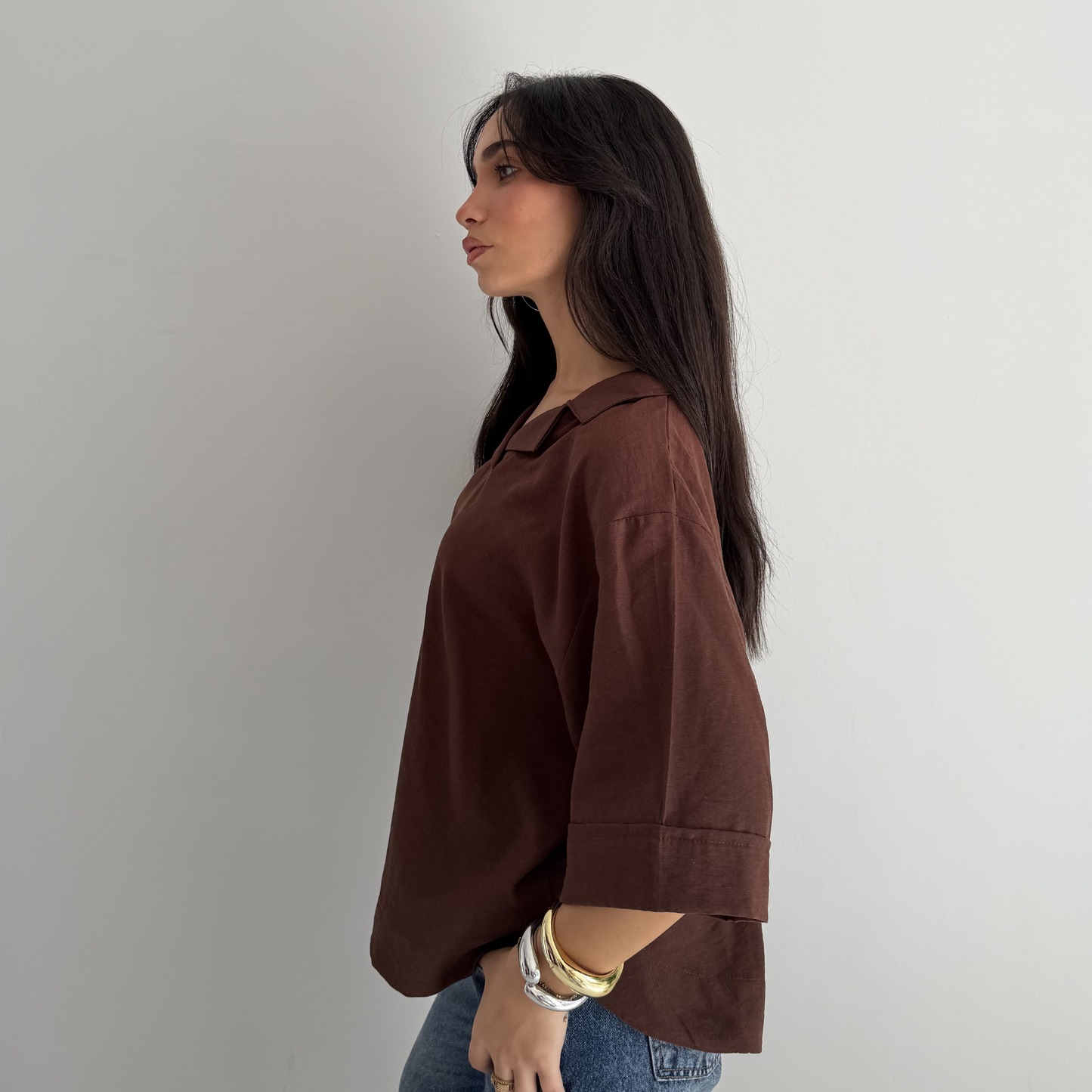 Brown Flip Collar Linen Shirt