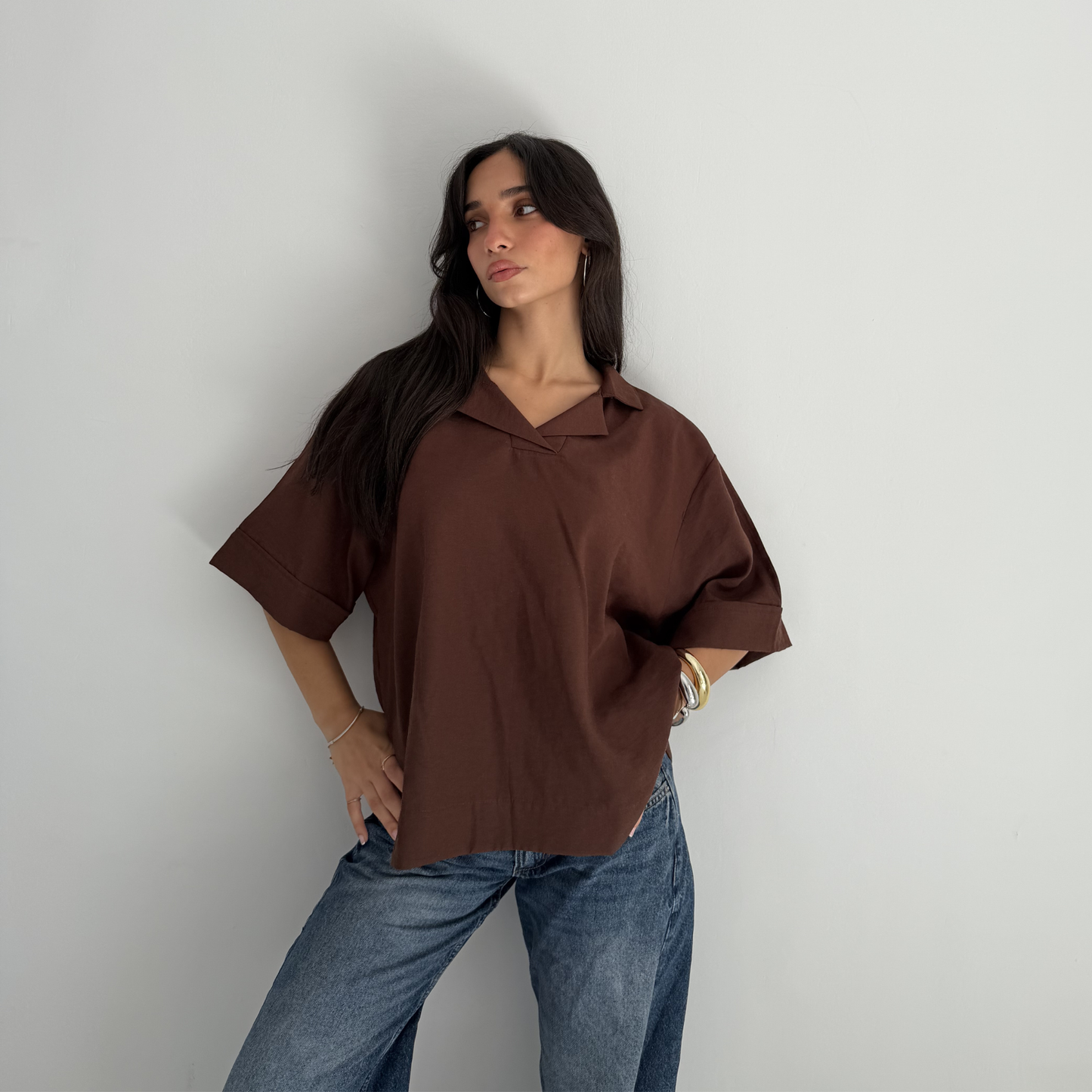 Brown Flip Collar Linen Shirt