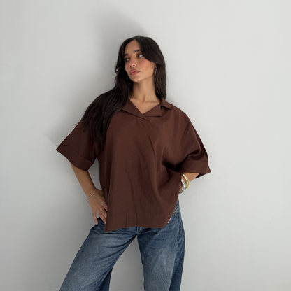 Brown Flip Collar Linen Shirt