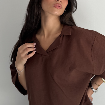 Brown Flip Collar Linen Shirt