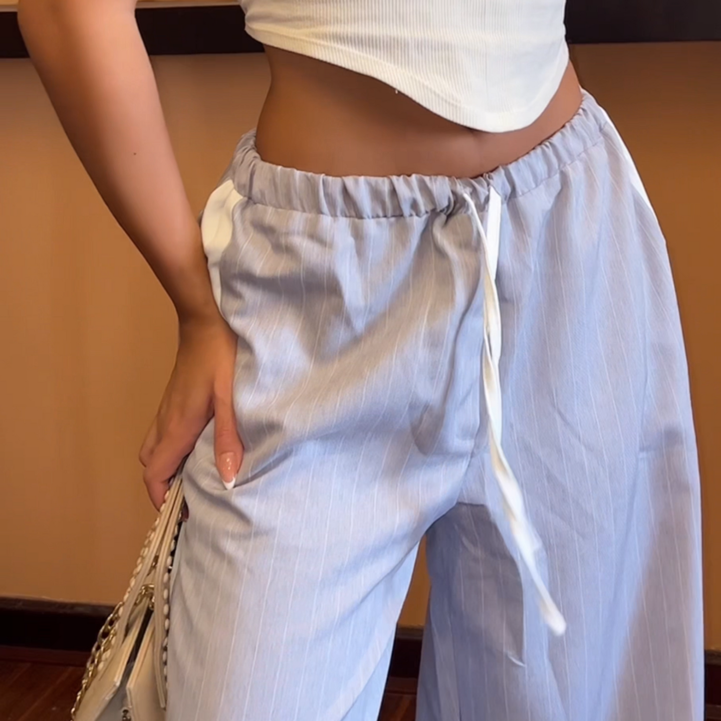 Grey Striped Wide-Leg Drawstring Pants