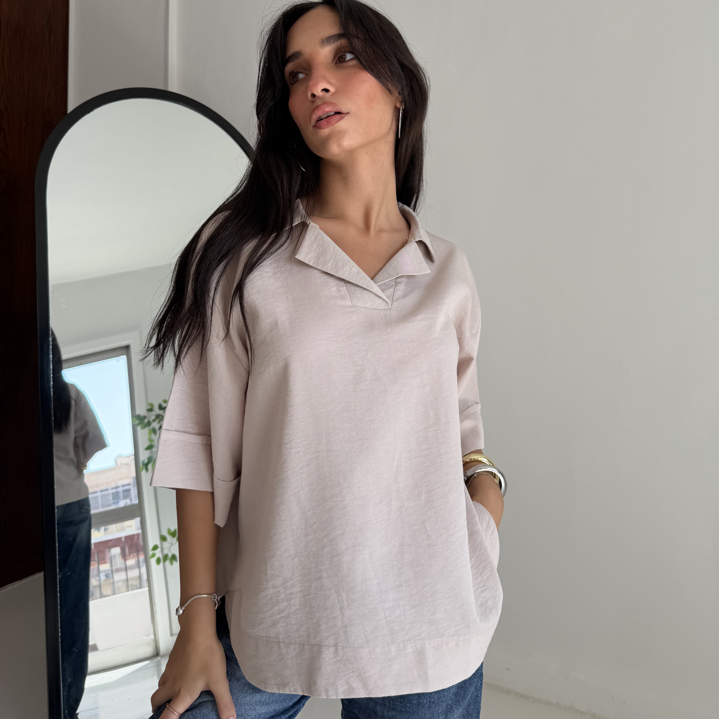 Beige Flip Collar Linen Shirt