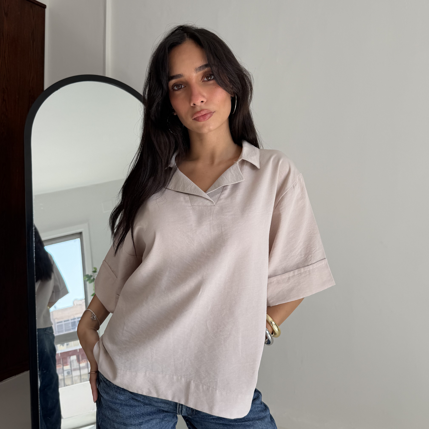 Beige Flip Collar Linen Shirt