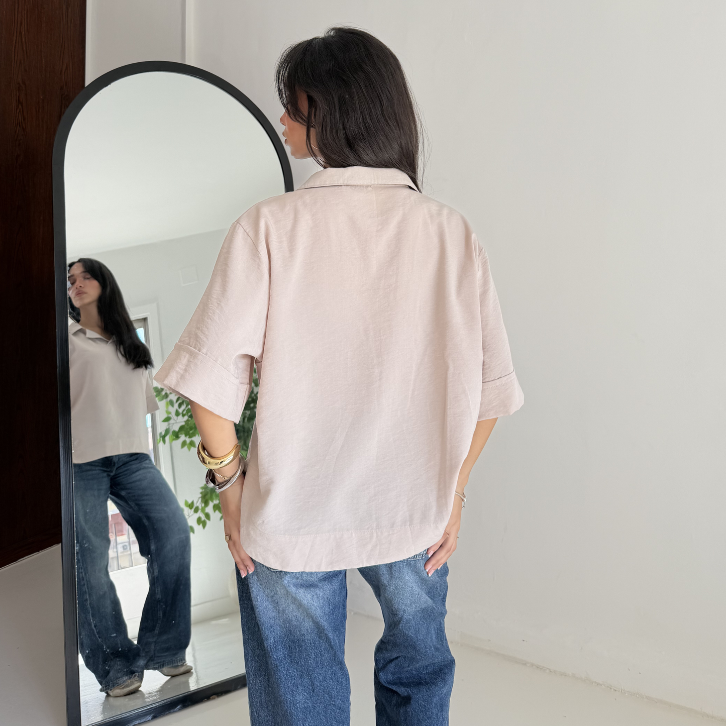 Beige Flip Collar Linen Shirt