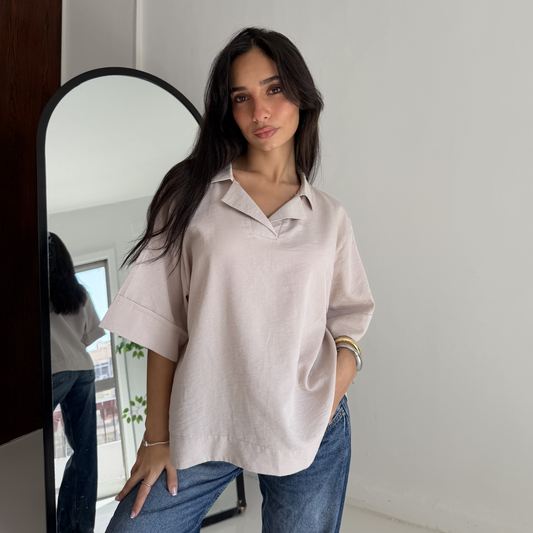 Beige Flip Collar Linen Shirt