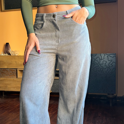 Gray Corduroy Wide-Leg Pants