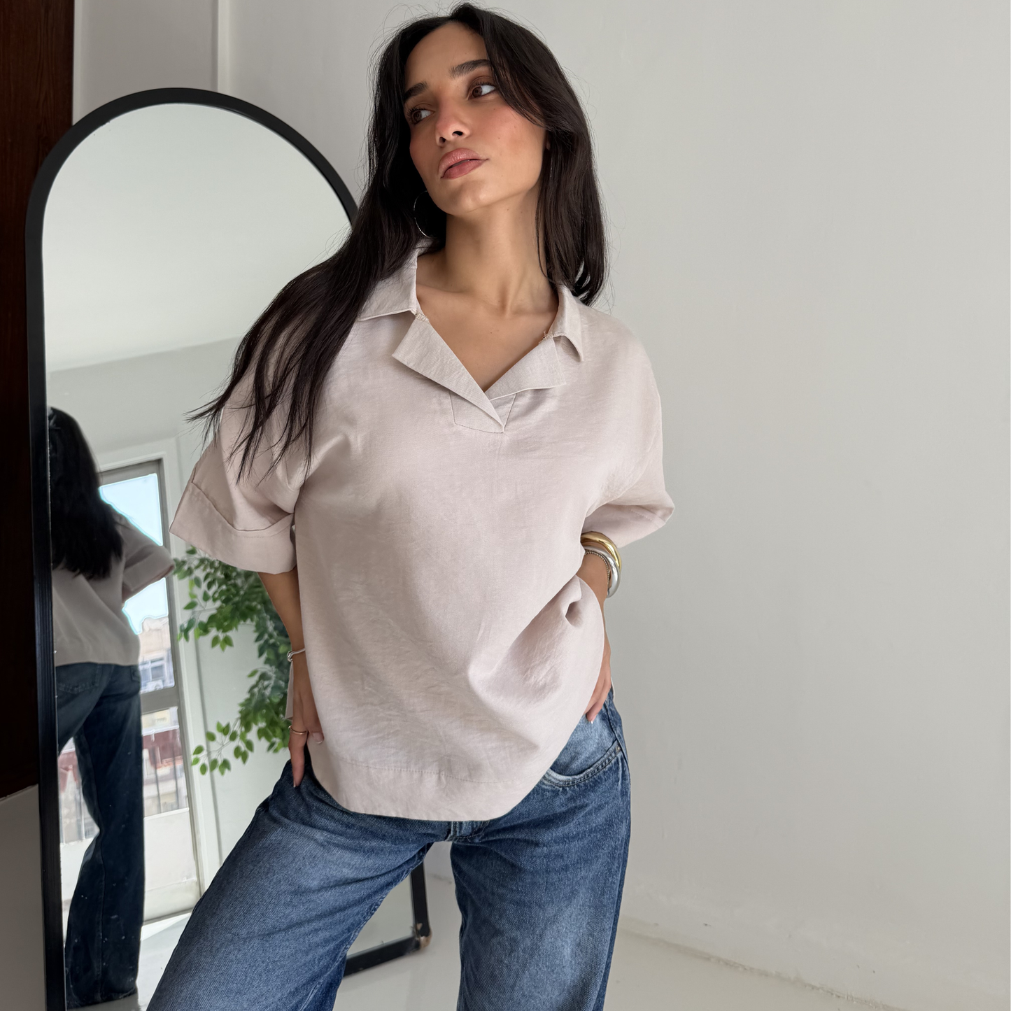 Beige Flip Collar Linen Shirt