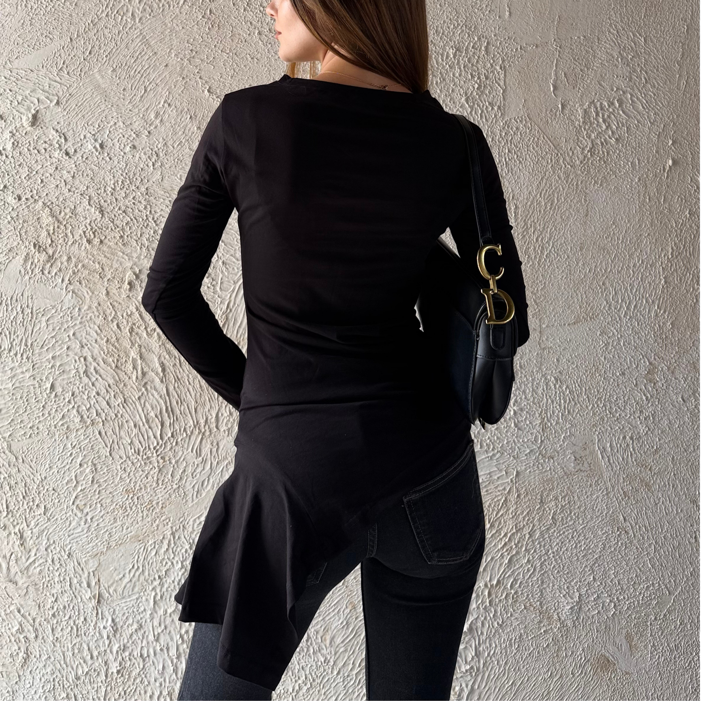 Black Long Sleeves Draped Top