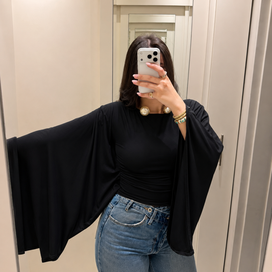 Black Draped Kimono Sleeve Top