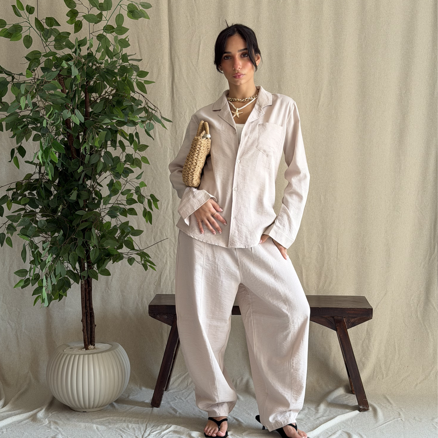 Beige Linen Relaxed-Fit Shirt