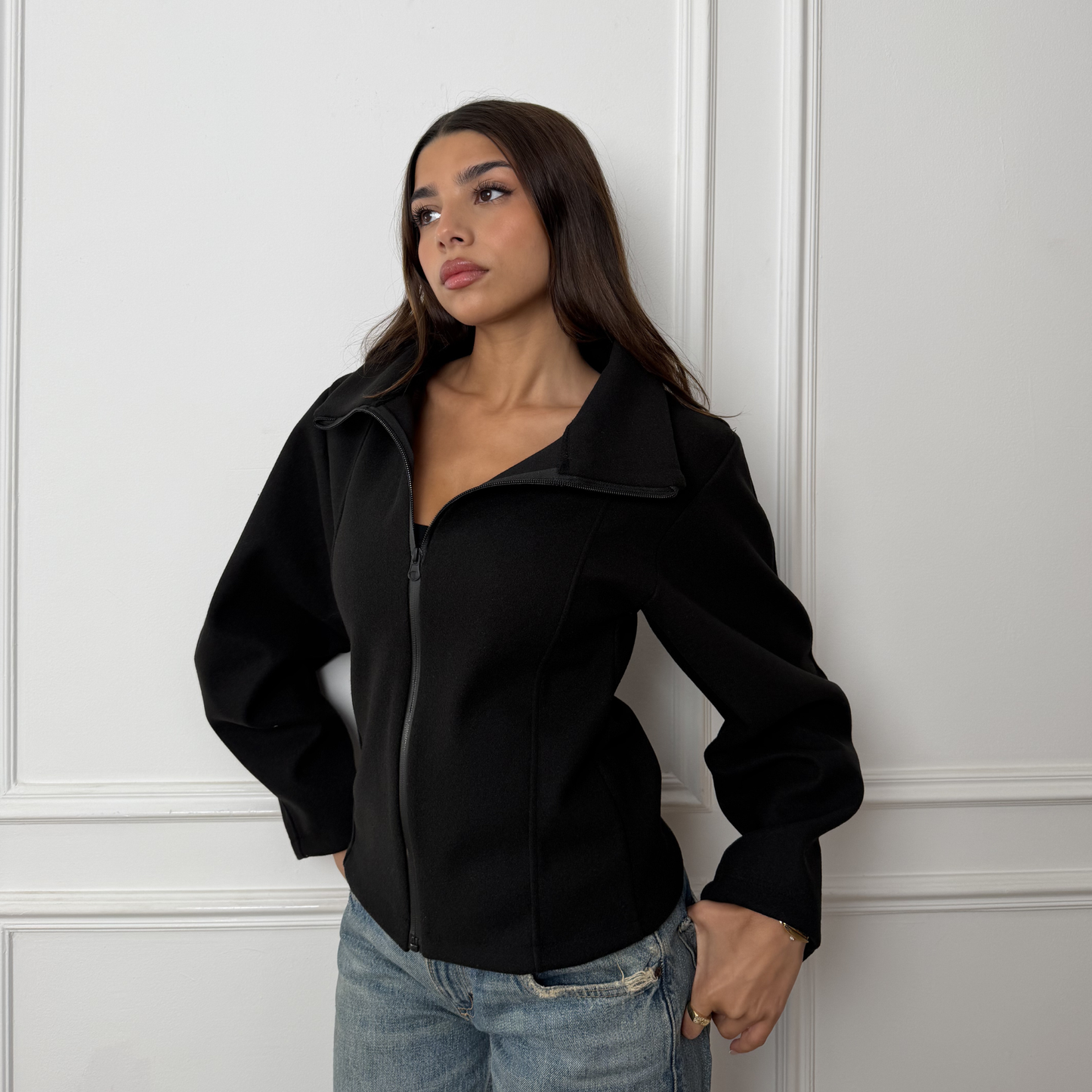 Structured Waist Black Zip Jacket