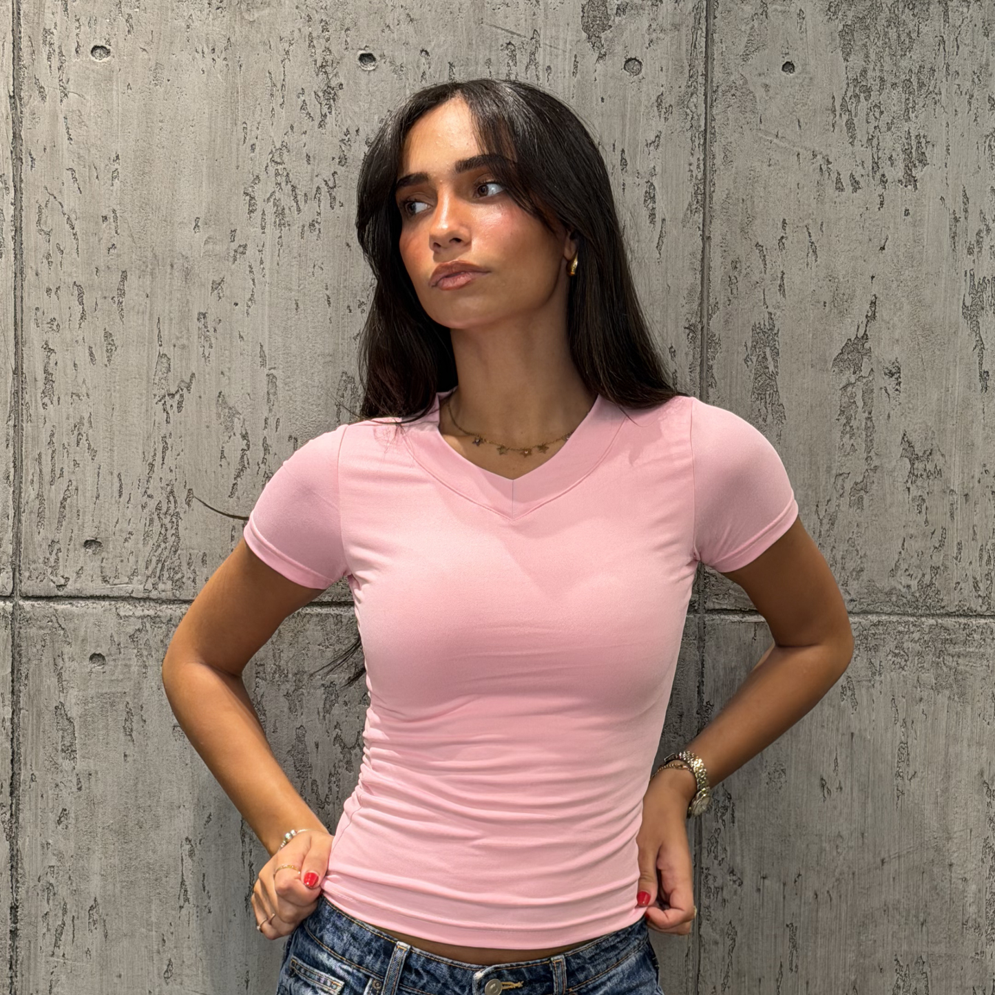 Pink Wide V-Basic top Short sleeve